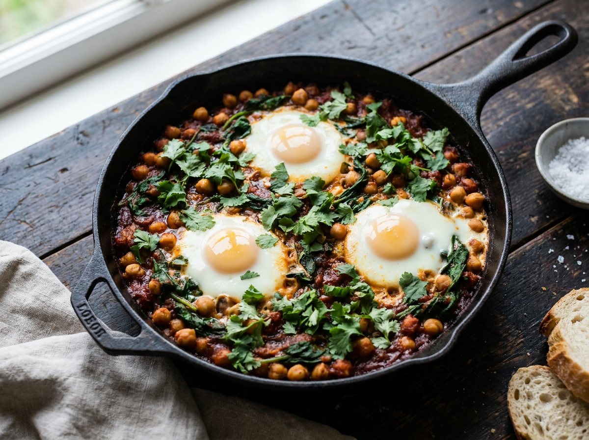 A skillet of chickpeas, spinach and tomato with baked eggs