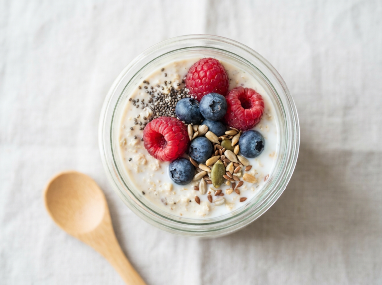 A jar of creamy kefir overnight oats topped with berries, chia and seeds