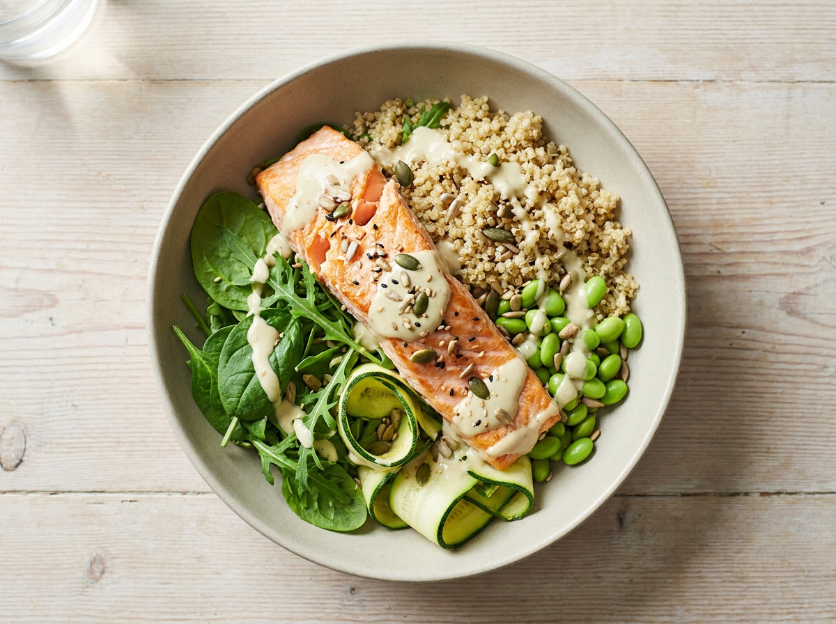 A nourishing bowl of salmon, quinoa and leafy greens with lemon-tahini dressing